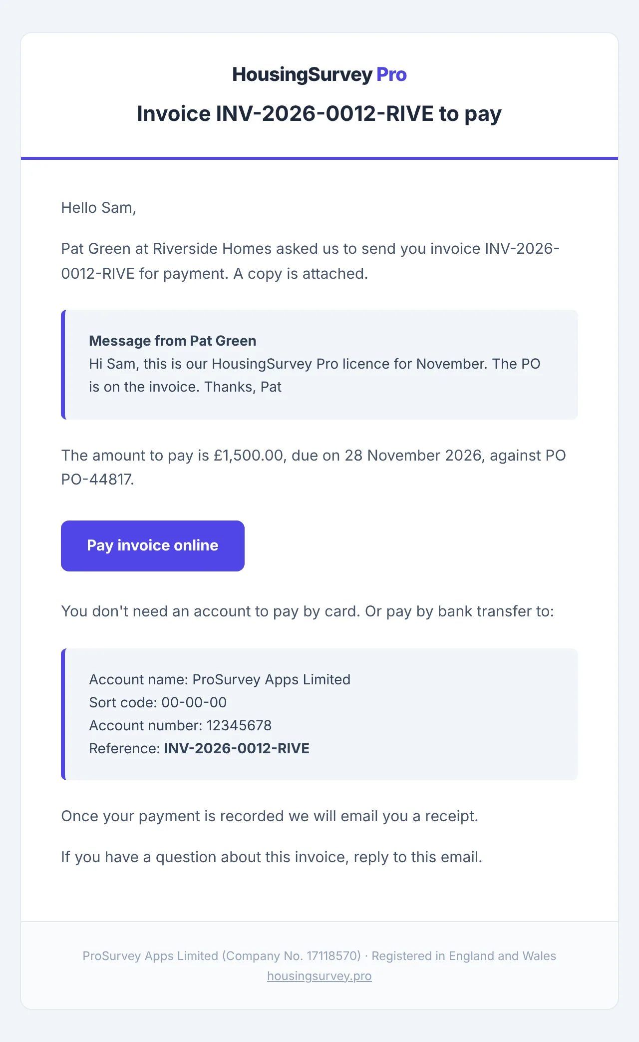 The email the finance contact receives: a message from Pat Green, the amount, due date and PO, a Pay invoice online button and the bank transfer details with the invoice number as reference.