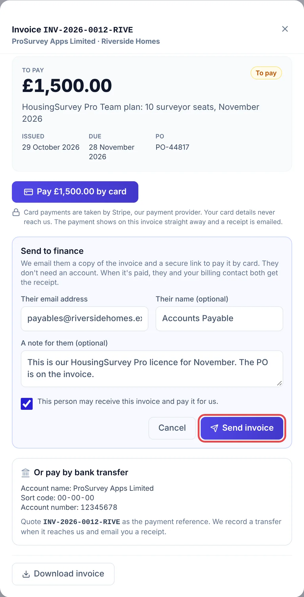 The Send to finance form inside an open invoice, with fields for their email address, their name and a note, the confirmation tick box, and the Send invoice button ringed in red.