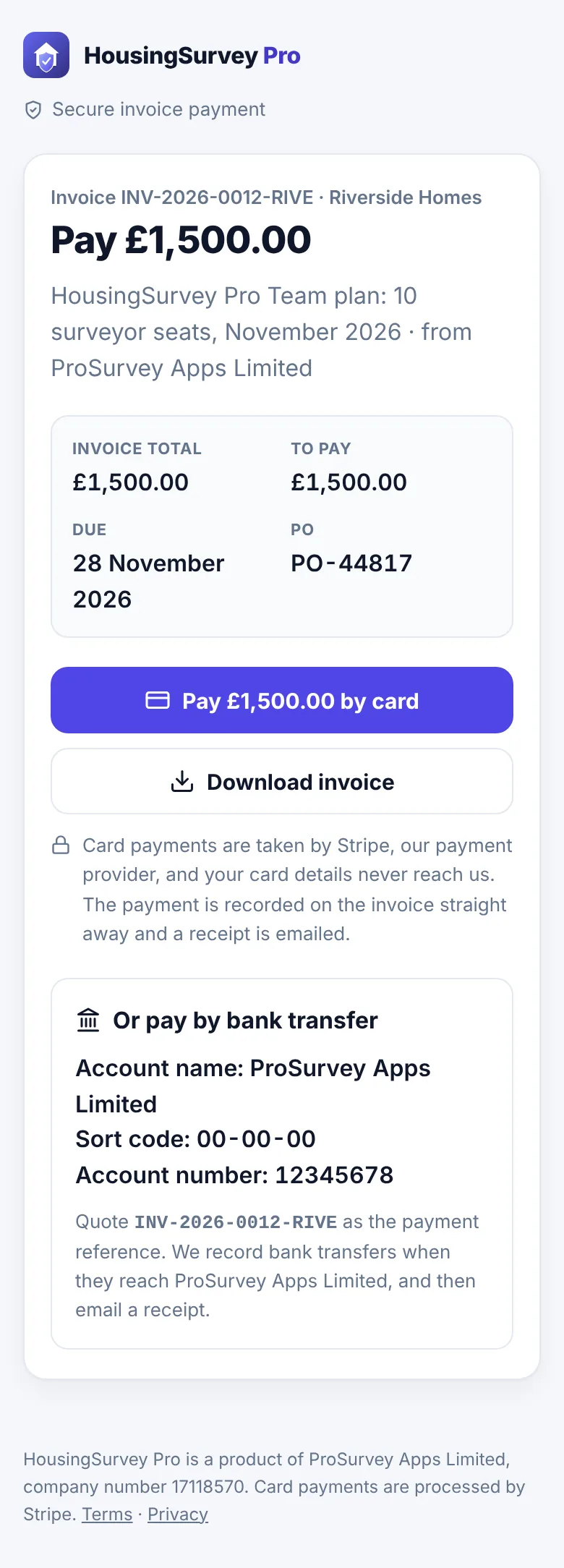 The invoice payment page on a phone, showing Pay £1,500.00, the invoice total, due date and PO, a Pay by card button, a Download invoice button and the bank transfer details.