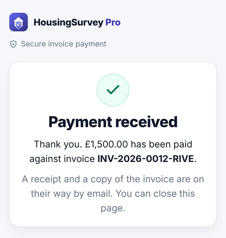 A Payment received page thanking the payer for paying £1,500.00 against invoice INV-2026-0012-RIVE.