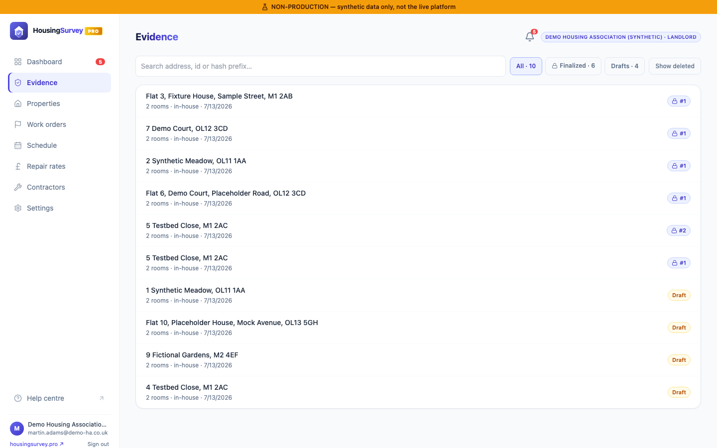 HousingSurvey Pro evidence list in the management portal, showing finalized, hash-chained damp and mould records per property
