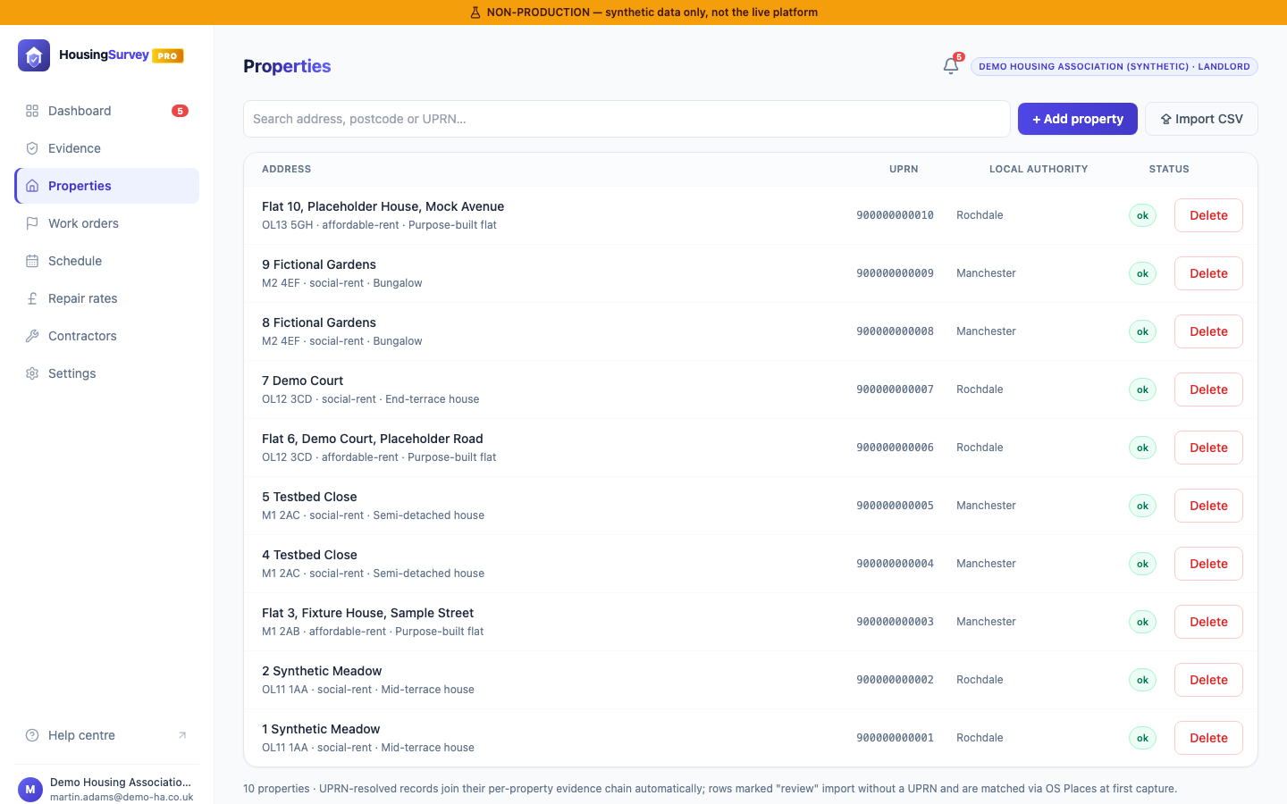 HousingSurvey Pro properties register in the management portal, the canonical property data every integration channel reads and writes against
