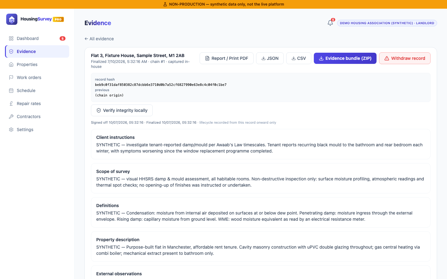 A finalized HousingSurvey Pro evidence record showing its cryptographic record hash and a 'Verify integrity locally' control