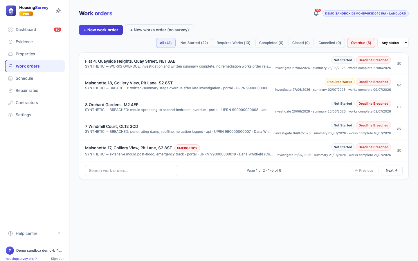 HousingSurvey Pro work orders board in the management portal, filtered to overdue cases showing Awaab's Law statutory deadlines and breach status per work order